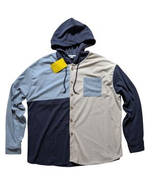 Men's NWT Colorblock Hooded Button-Up Shirt Jacket in Navy, Light Blue, Cream